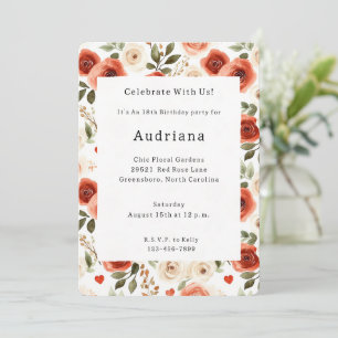 Invitación Corazones y flores de Crema Roja Cumpleaños