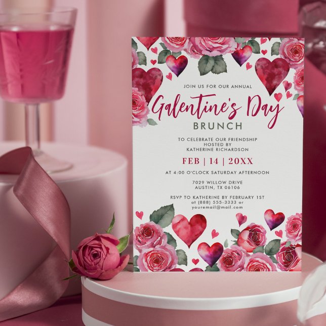 Invitación Corazones y Rosas románticos Brunch del Día de Gal (Subido por el creador)