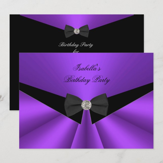 Invitación Corbata de Cumpleaños Purpura Negra con Diamante 2 (Anverso / Reverso)