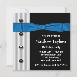 Invitación Corbata de lazo azul negro esmoquin Cumpleaños del