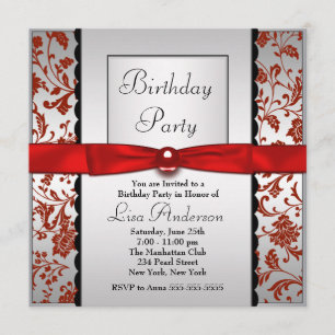 Invitación Corbata de lazo de damasco rojo y negro para cumpl