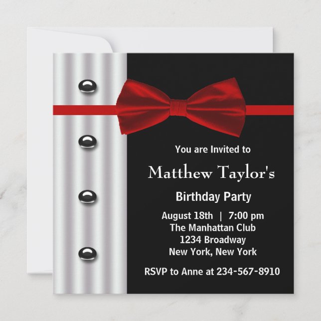 Invitación Corbata de lazo de esmoquin negro rojo Cumpleaños  (Anverso)