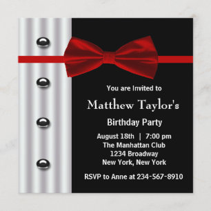 Invitación Corbata de lazo de esmoquin negro rojo Cumpleaños