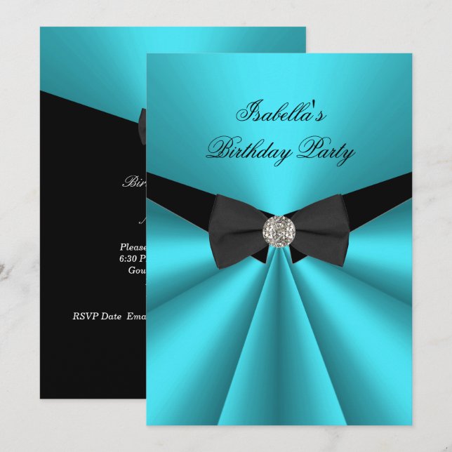Invitación Corbata de lazo negra elegante turquesa Cumpleaños (Anverso / Reverso)