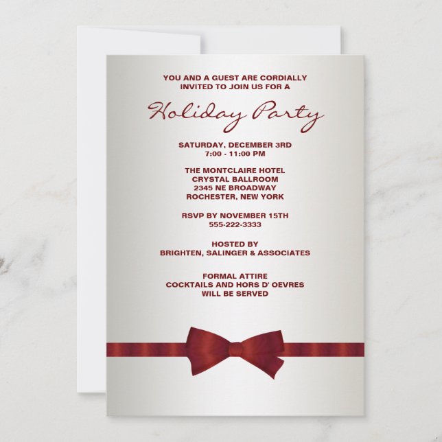 Invitación Corbata de lazo roja marfil fiesta de Navidad corp (Anverso)