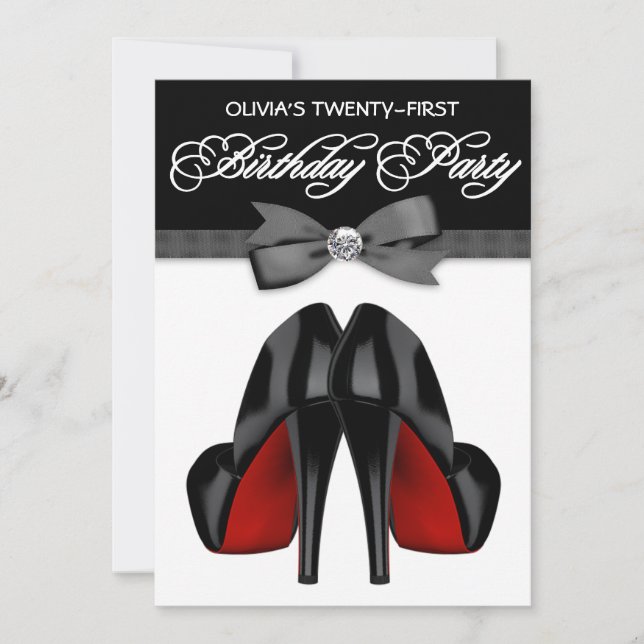 Invitación Corbata de lazo roja negra Cumpleaños de mujer (Anverso)