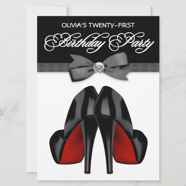 Invitación Corbata de lazo roja negra Cumpleaños de mujer (Anverso)