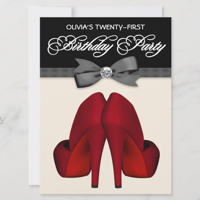 Invitación Corbata de lazo roja negra Cumpleaños de mujer (Anverso)