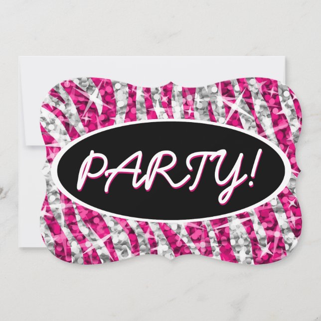 Invitación Corchete negro ovalado de glitz Zebra Pink "Fiesta (Anverso)