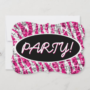 Invitación Corchete negro ovalado de glitz Zebra Pink "Fiesta