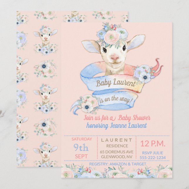 Invitación Corderito bebé rosa azul ducha guardería granja (Anverso / Reverso)