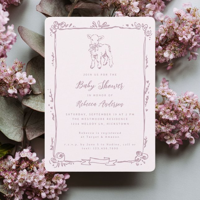 Invitación Corderito de primavera Doodle rosa lindo para baby (Subido por el creador)