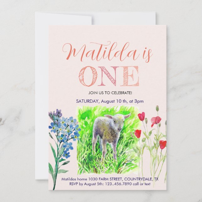 Invitación Corderito y flores silvestres (Anverso)