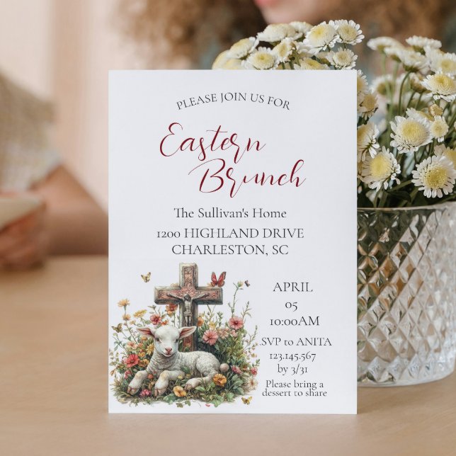 Invitación Cordero cruzo flores mariposas Brunch de Pascua (Subido por el creador)
