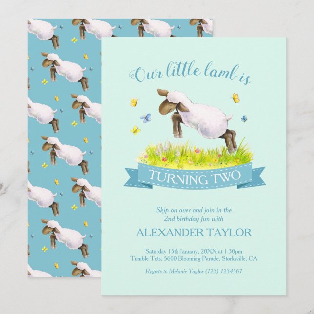 Invitación Cordero de primavera saltando las lindas invitacio (Anverso / Reverso)