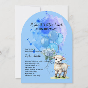 Invitación Cordero dulce Baby Shower Azul Hidrangea Arco