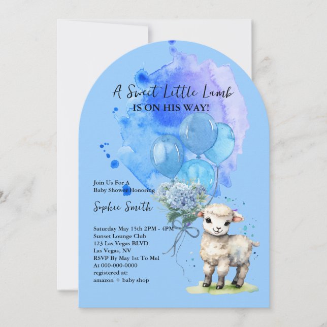 Invitación Cordero dulce Baby Shower Azul Hidrangea Arco (Anverso)