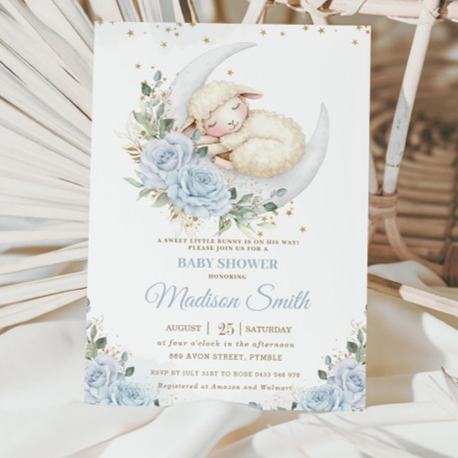 Invitación Cordero dulce Moon Soft Blue Floral Boy Baby Showe (Subido por el creador)