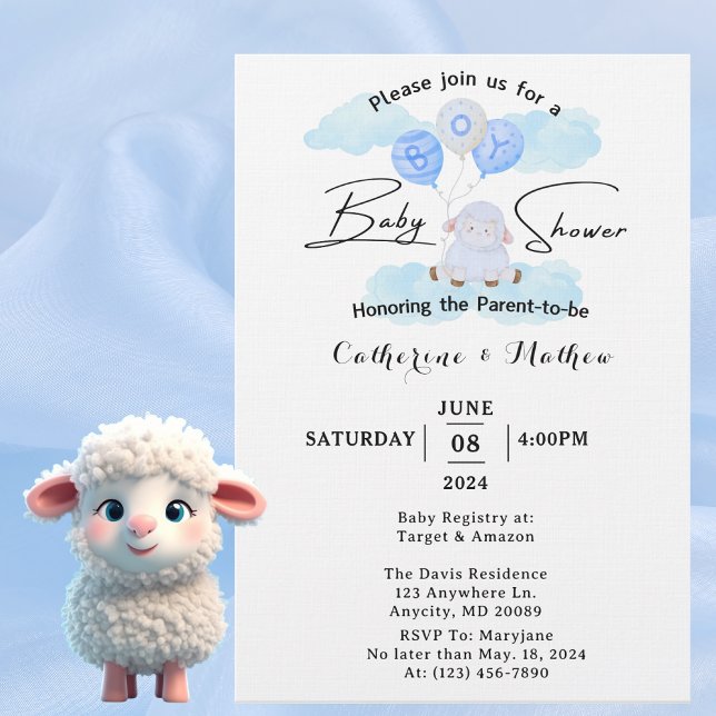 Invitación Cordero pequeño se eleva en los globos azul (Subido por el creador)