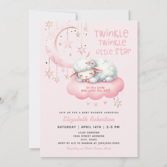 Invitación Cordero rosa Twinkle Twinkle Chicas Baby Shower (Anverso)