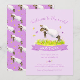 Invitación Cordero saltando lindo bienvenido al mundo morado