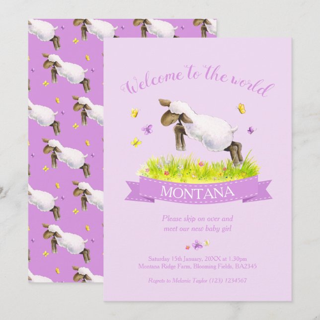 Invitación Cordero saltando una linda bienvenida al mundo púr (Anverso / Reverso)