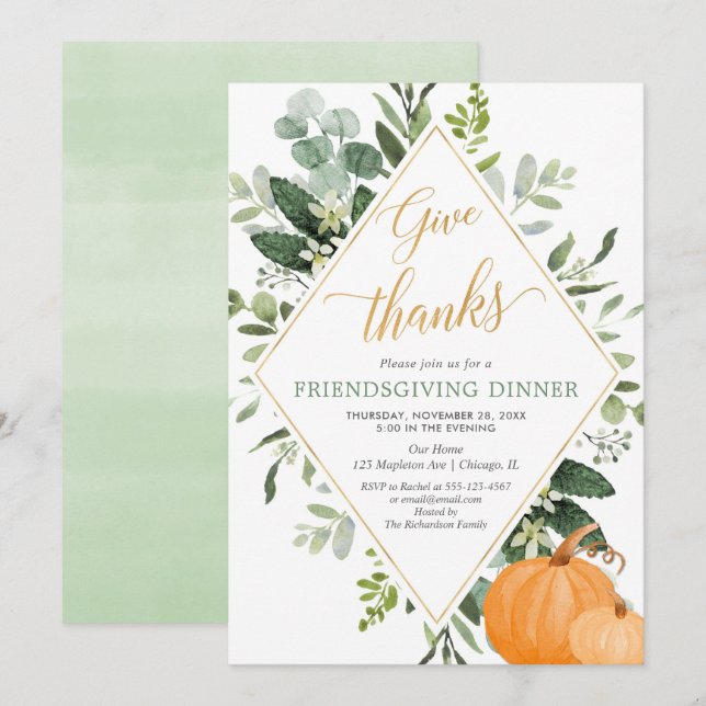 Invitación Cordial cena verde hojas de oro (Anverso / Reverso)