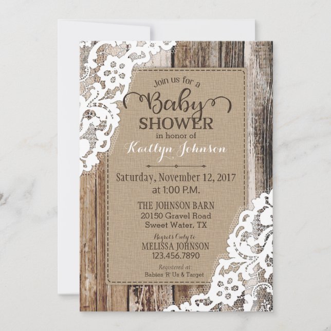 Invitación Cordón de madera Baby Shower del granero rústico (Anverso)