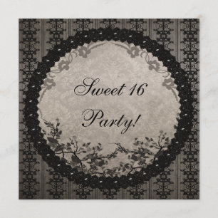 Invitación Cordón del vintage y fiesta negros del dulce 16 de