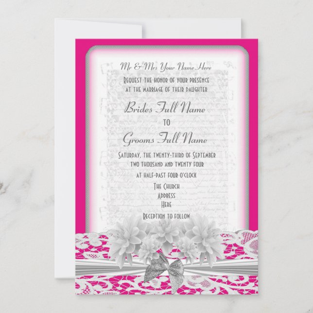 Invitación Cordón floral blanco y boda rosado fucsia (Anverso)