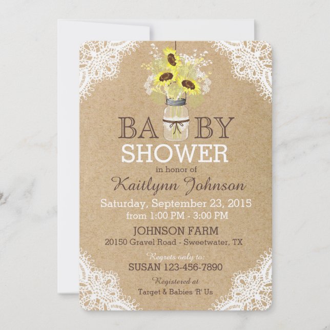 Invitación Cordón rústico Kraft Baby Shower del tarro de (Anverso)