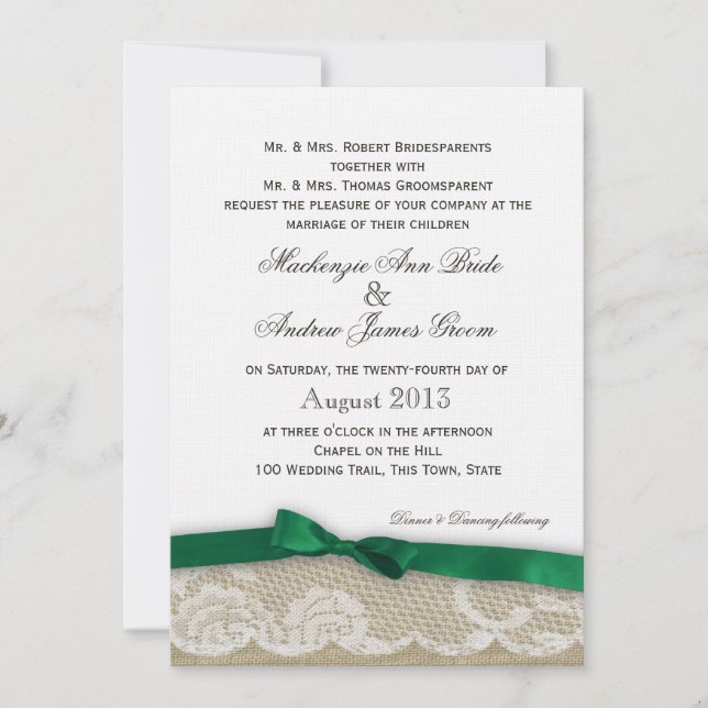 Invitación Cordón y boda del arco del verde esmeralda (Anverso)