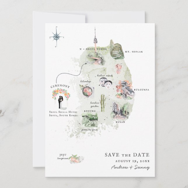 Invitación Corea | Mapa del itinerario de la boda de destino (Anverso)