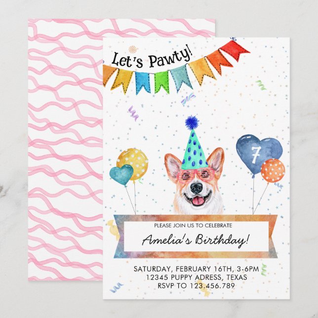 Invitación Corgi Deja Fiesta Cumpleaños Perro (Anverso / Reverso)