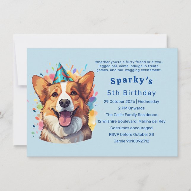 Invitación Corgi Doggo Paw-ty: Un Bash de Cumpleaños (Anverso)