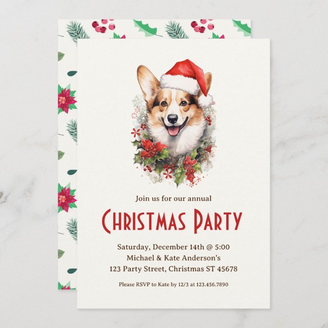 Invitación Corgi en un Fiesta de Navidades de perro Mascota d (Anverso / Reverso)