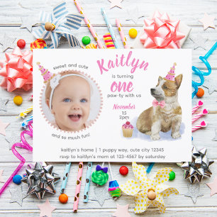 Invitación Corgi 🐶 Foto Rosa Puppy Primer Cumpleaños