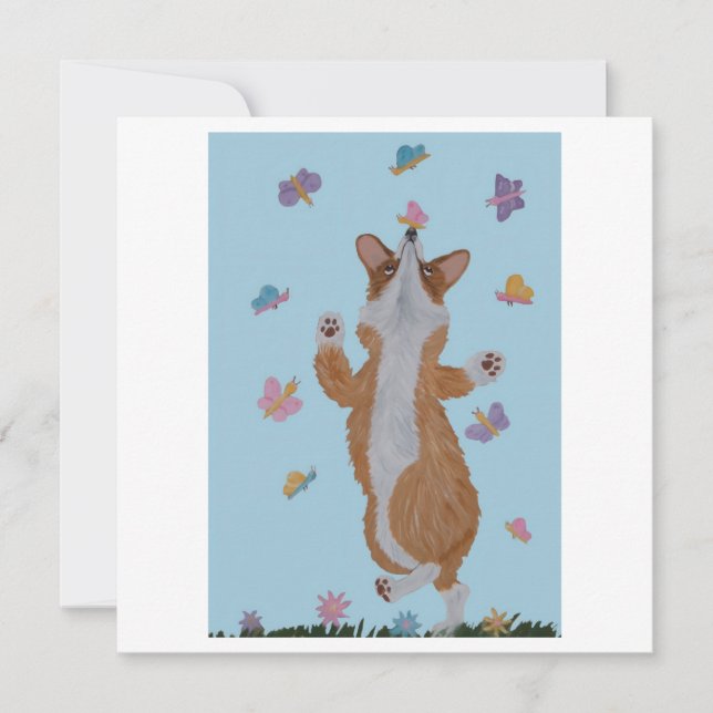 Invitación Corgi galés bailando con mariposas (Anverso)