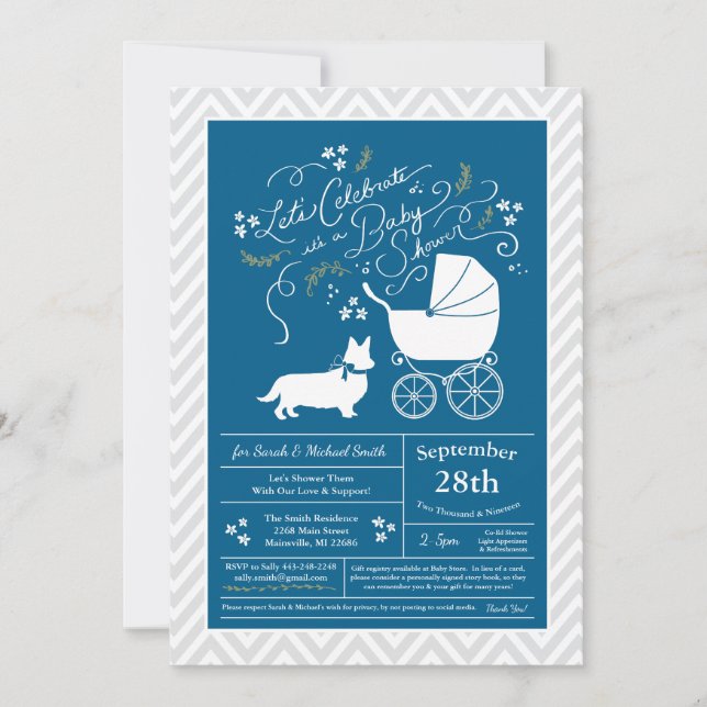Invitación Corgi galés Perro Baby Shower Blue Boy (Anverso)