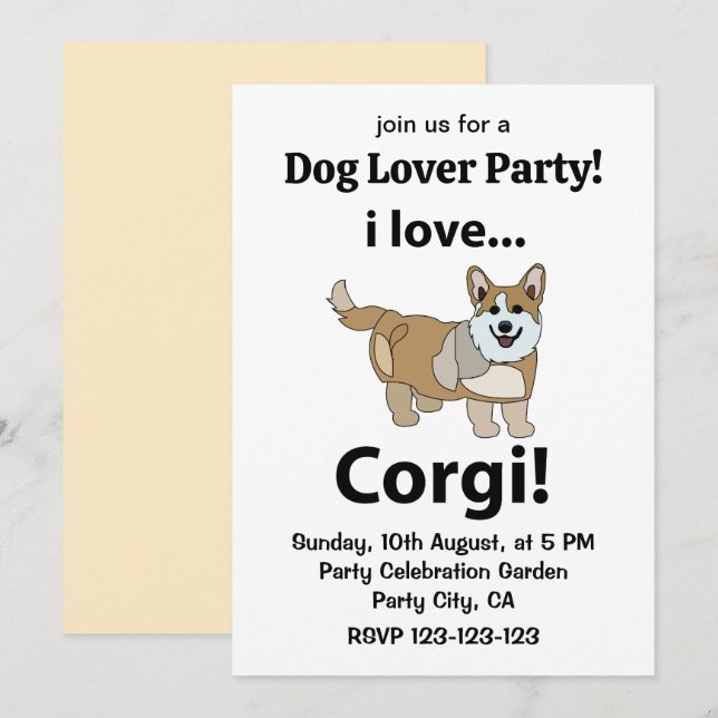 Invitación Corgi Me encanta Corgi  (Anverso / Reverso)