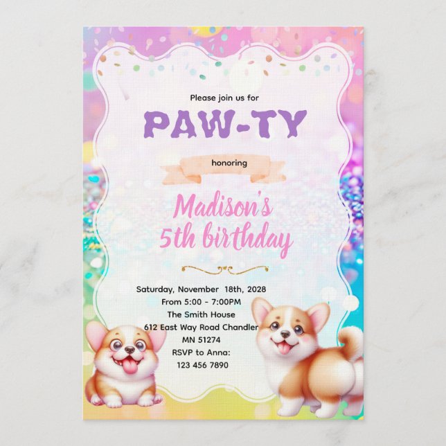 Invitación Corgi party theme invitation (Anverso)