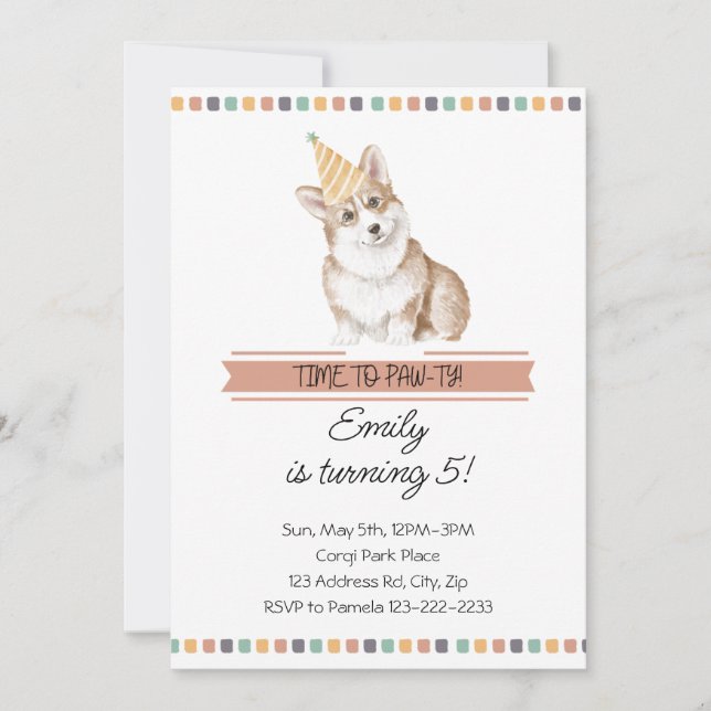 Invitación Corgi Personalizable Es Hora de Pawty (Anverso)