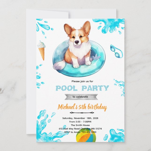Invitación Corgi pool party Invite (Anverso)