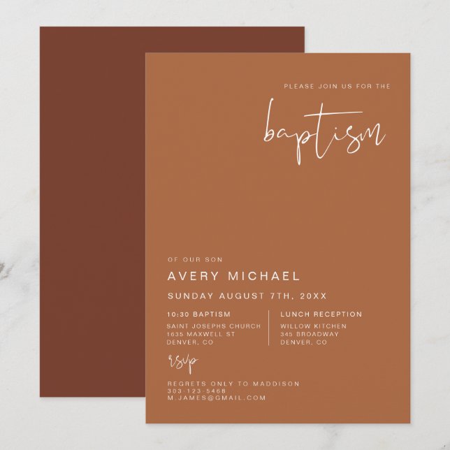 Invitación CORIANDER Boho Terracotta y el bautismo del desier (Anverso / Reverso)