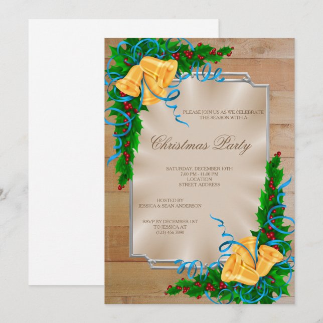 Invitación Corner Bells con marco de madera y Navidades de ci (Anverso / Reverso)