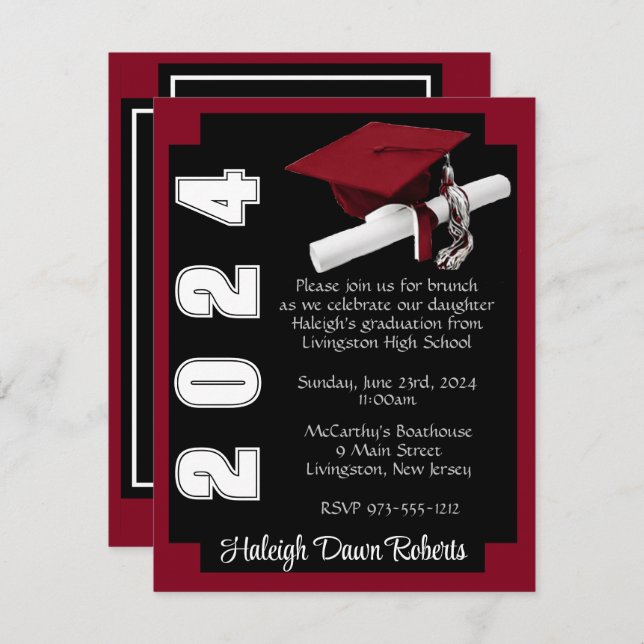 Invitación Corner Block Black & Cardinal Red Graduation (Anverso / Reverso)