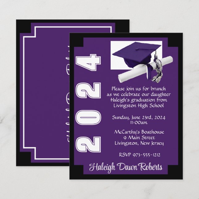 Invitación Corner Block Purple & Black Graduation (Anverso / Reverso)