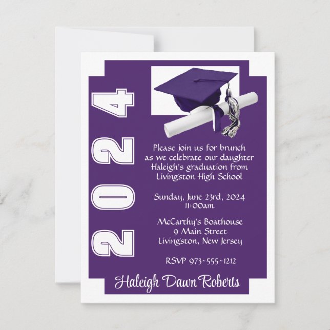Invitación Corner Block Purple & White Graduation (Anverso)