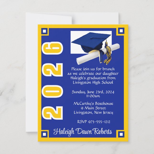 Invitación Corner Block Royal Blue & Gold Graduación (Anverso)