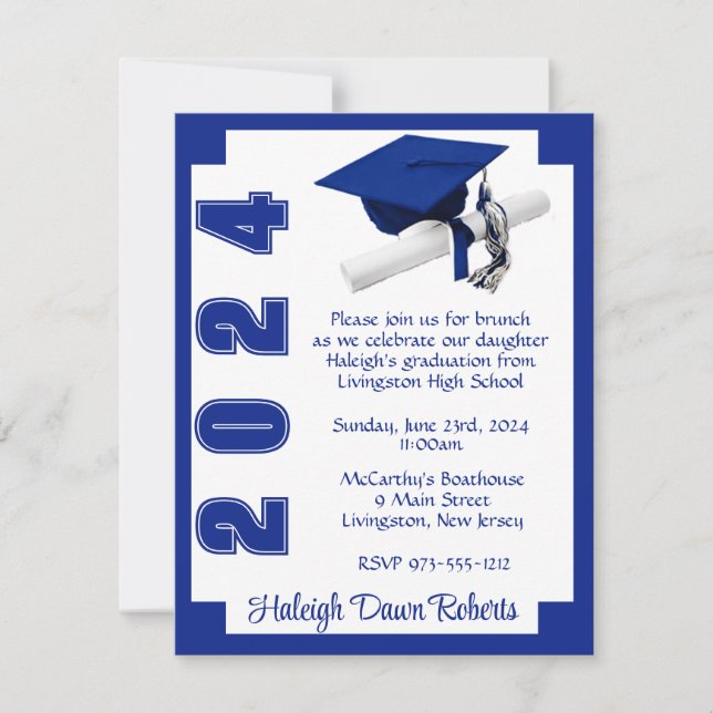Invitación Corner Block Royal Blue & White Graduation (Anverso)